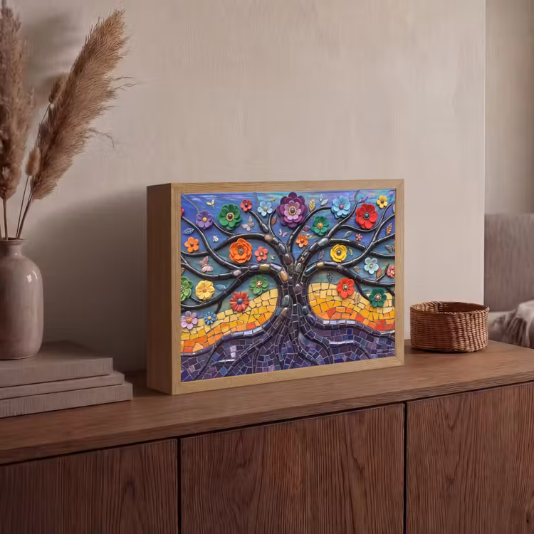 Levensboom - Mozaïek - Bloemen - Kleurrijk - Vrolijk Light Box met batterij (Wandlamp) middel -sfeer2