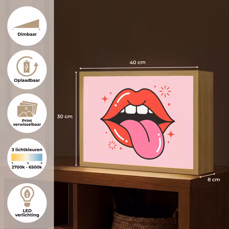 Lippen - Tong - Pop-art - Kleurrijk - Roze Light Box met batterij (Wandlamp) middel -USP_websiteoverzichtNL