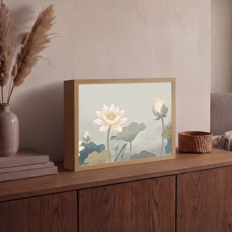 Lotus - Bloemen - Groen Light Box met batterij (Wandlamp) middel -sfeer2