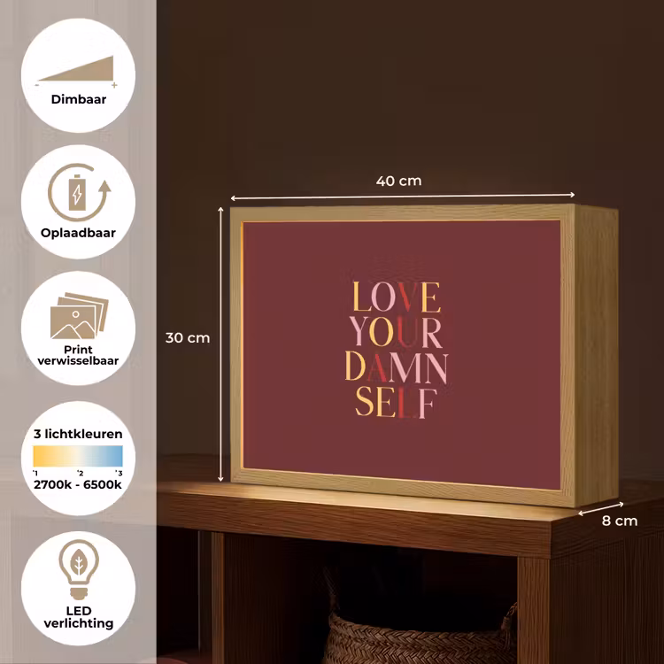 Love your damn self - Kleurrijk - Bordeaux Light Box met batterij (Wandlamp) middel -USP_websiteoverzichtNL