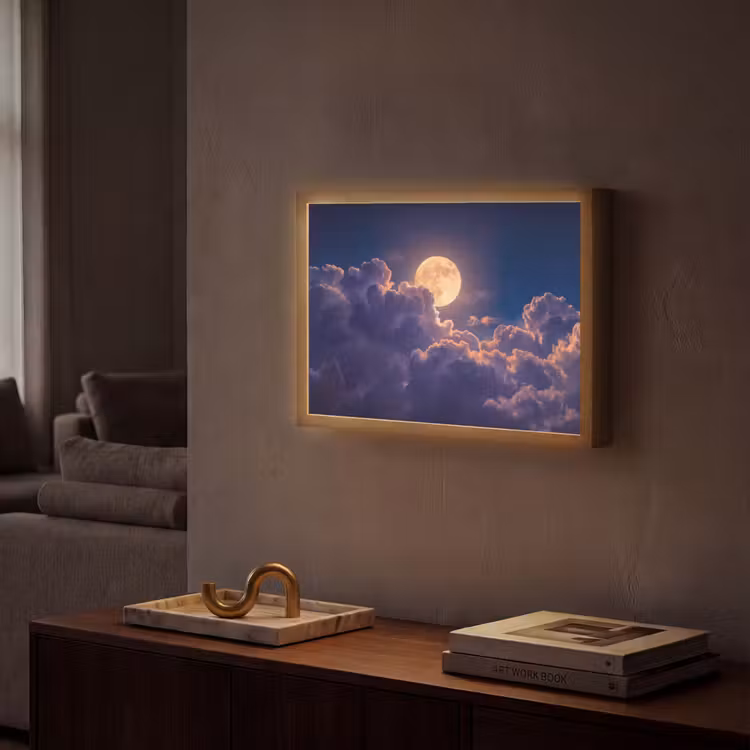 Maan - Wolken - Nacht - Oranje Light Box met batterij (Wandlamp) middel -sfeer1