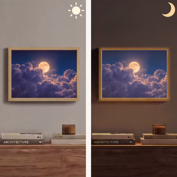 Maan - Wolken - Nacht - Oranje Light Box met batterij (Wandlamp) middel -sfeer3