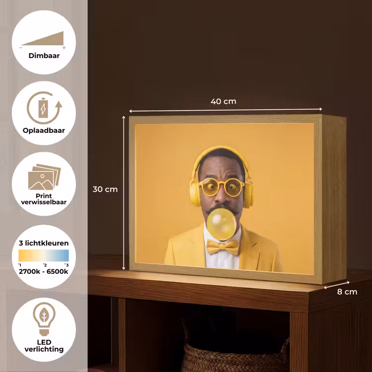 Man - Bubblegum - Portret - Geel - Modern Light Box met batterij (Wandlamp) middel -USP_websiteoverzichtNL