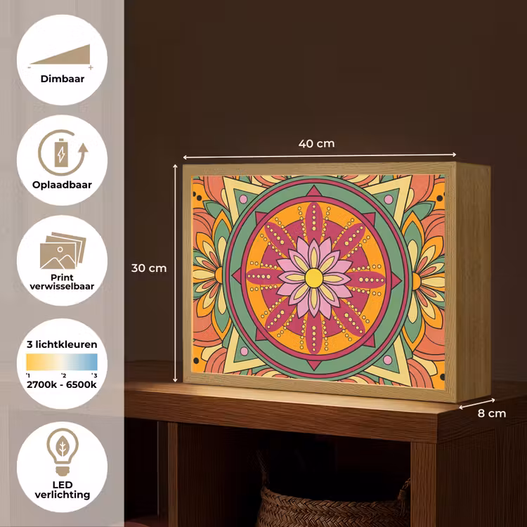 Mandala - Bloemen - Abstract - Kleurrijk Light Box met batterij (Wandlamp) middel -USP_websiteoverzichtNL