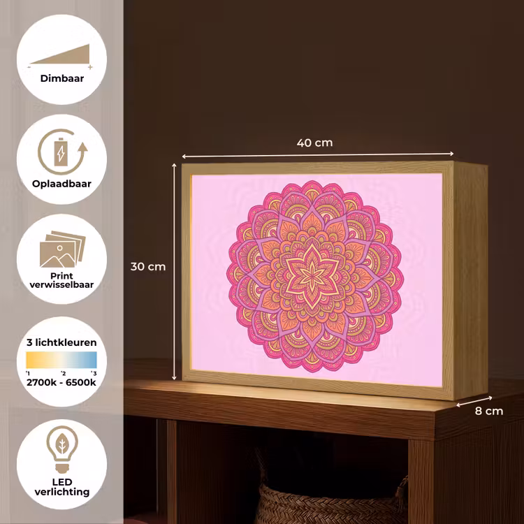 Mandala - Cirkel - Spiritueel - Oosters - Roze Light Box met batterij (Wandlamp) middel -USP_websiteoverzichtNL