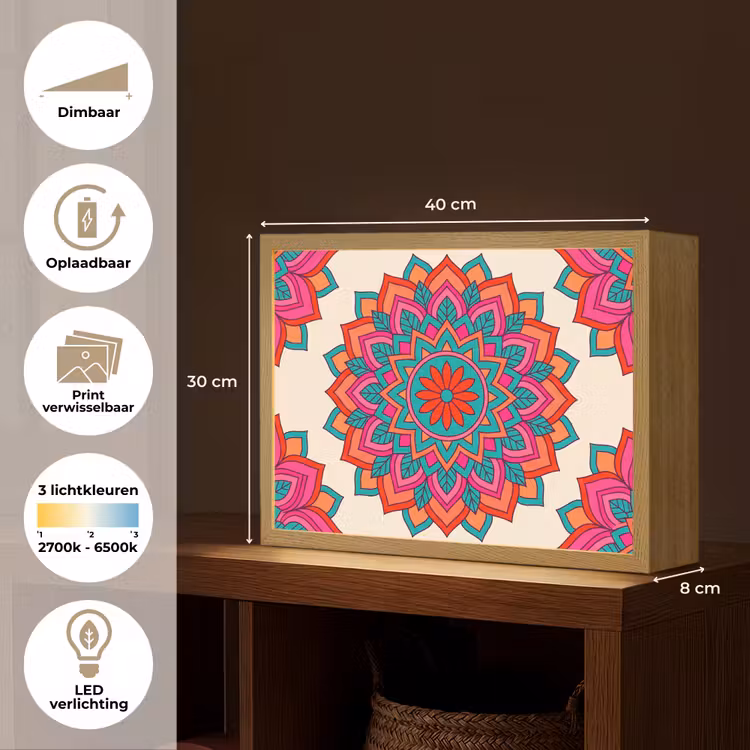 Mandala - Patroon - Abstract - Kleurrijk - Modern Light Box met batterij (Wandlamp) middel -USP_websiteoverzichtNL