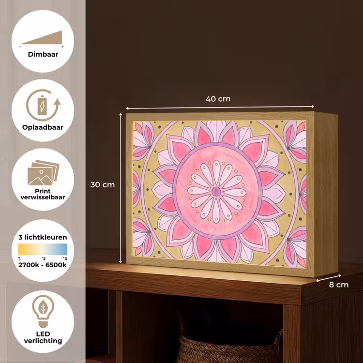 Mandala - Patroon - Kunst - Aquarel - Roze Light Box met batterij (Wandlamp) middel -USP_websiteoverzichtNL