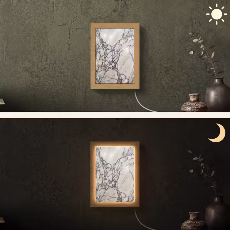 Marmer - Aderen - Patroon - Wit - Grijs Light Box met kabel (Wandlamp) klein -sfeer3