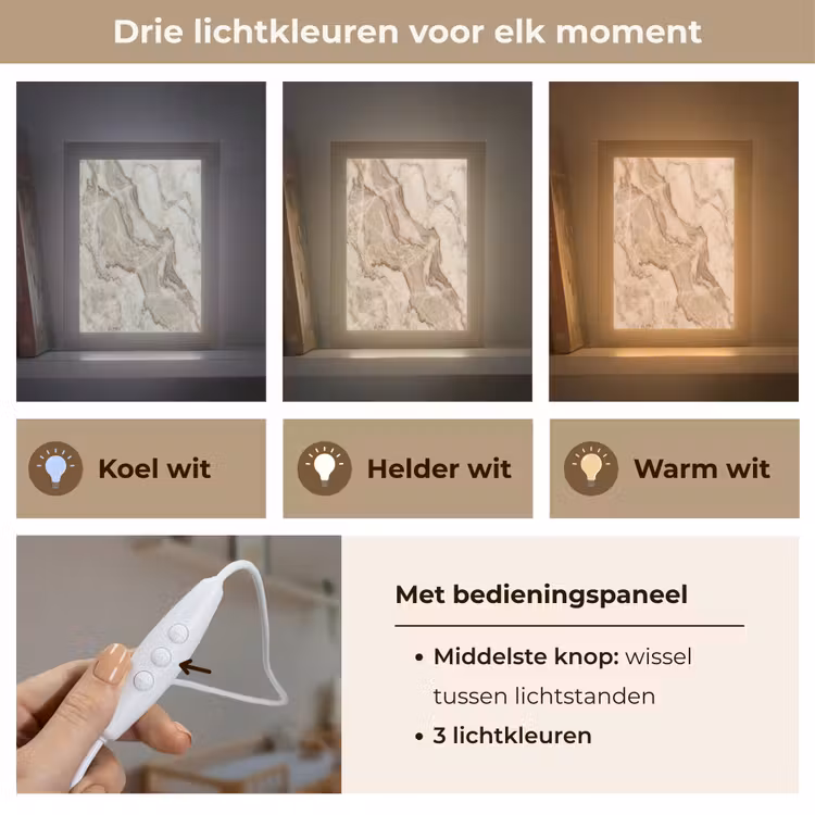 Marmer - Aderen - Textuur - Beige - Modern Light Box met kabel (Wandlamp) klein -USP_lichtkleurNL