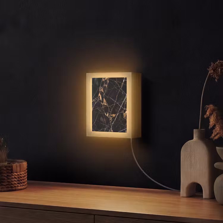 Marmer - Goud - Abstract - Zwart Light Box met kabel (Wandlamp) klein -sfeer1