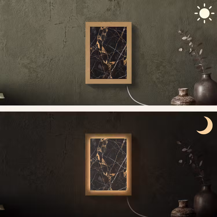 Marmer - Goud - Abstract - Zwart Light Box met kabel (Wandlamp) klein -sfeer3