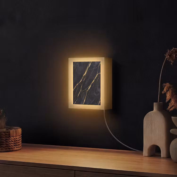 Marmer - Gouden aders - Abstract - Zwart Light Box met kabel (Wandlamp) klein -sfeer1