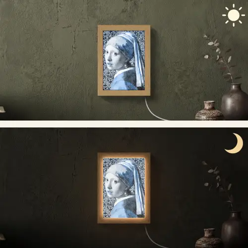 Meisje met de parel - Johannes Vermeer - Delfts blauw Light Box met kabel (Wandlamp) klein -sfeer3