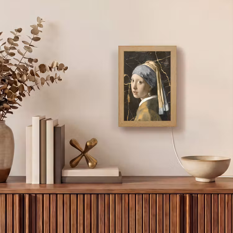 Meisje met de parel - Johannes Vermeer - Goud Light Box met kabel (Wandlamp) klein -sfeer2