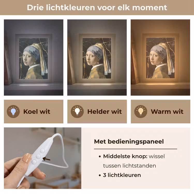 Meisje met de parel - Johannes Vermeer - Goud Light Box met kabel (Wandlamp) klein -USP_lichtkleurNL
