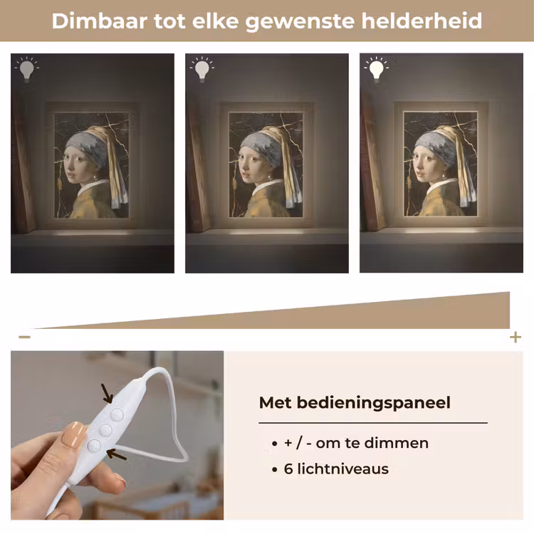 Meisje met de parel - Johannes Vermeer - Goud Light Box met kabel (Wandlamp) klein -USP_dimbaarNL