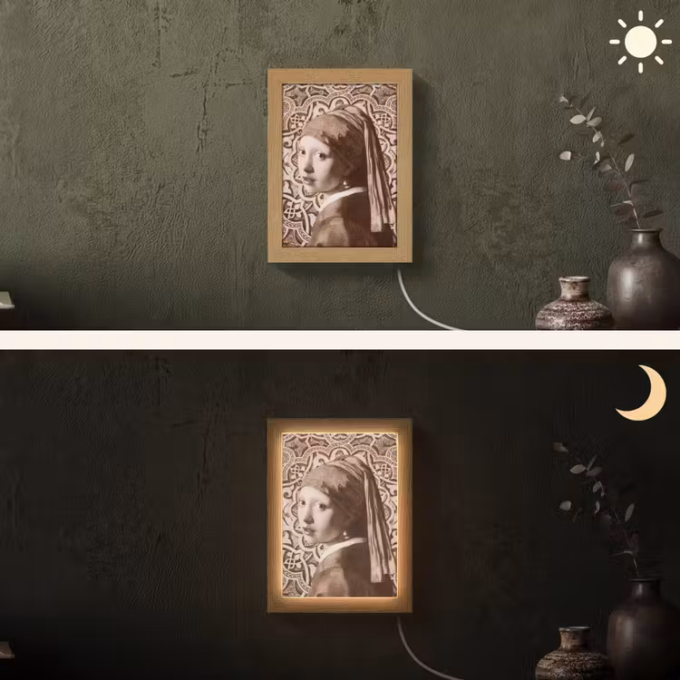 Meisje met de parel - Johannes Vermeer - Sepia Light Box met kabel (Wandlamp) klein -sfeer3
