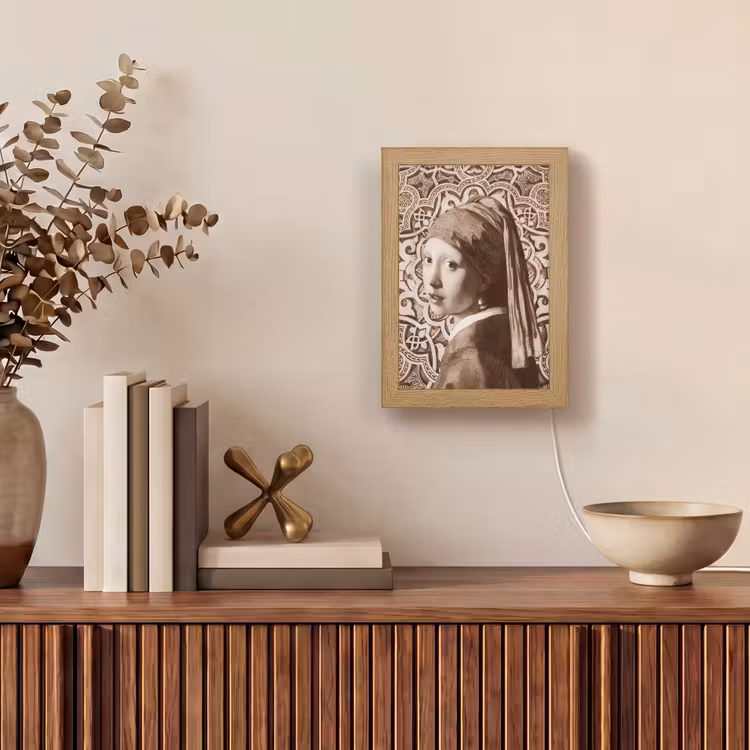 Meisje met de parel - Johannes Vermeer - Sepia Light Box met kabel (Wandlamp) klein -sfeer2