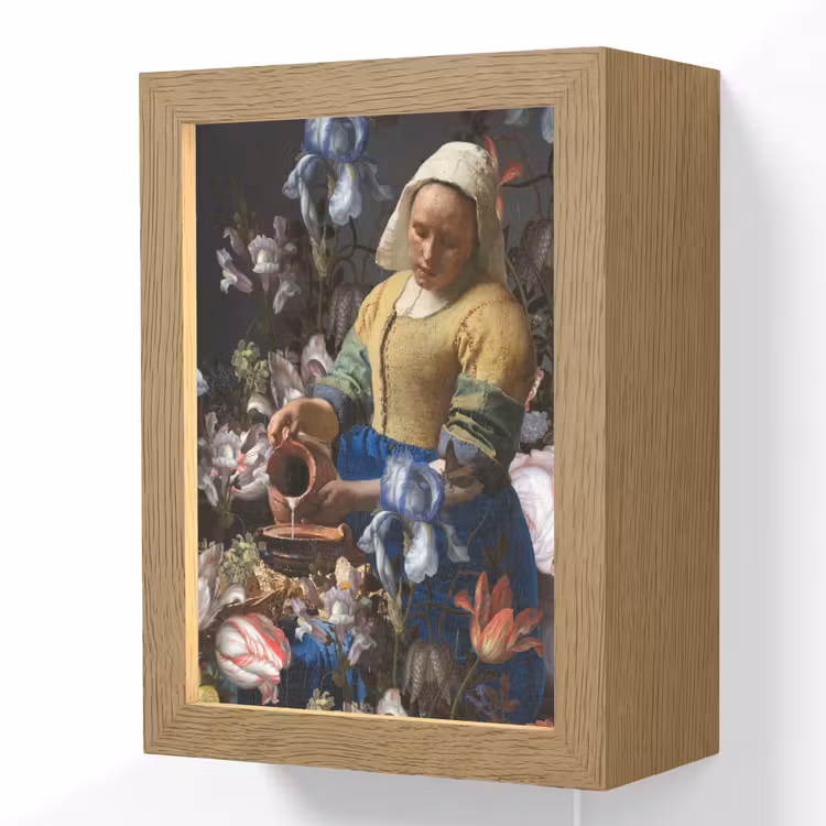 Melkmeisje - Johannes Vermeer - Bloemen Light Box met kabel (Wandlamp) klein -3d
