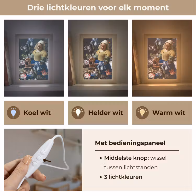 Melkmeisje - Johannes Vermeer - Bloemen Light Box met kabel (Wandlamp) klein -USP_lichtkleurNL