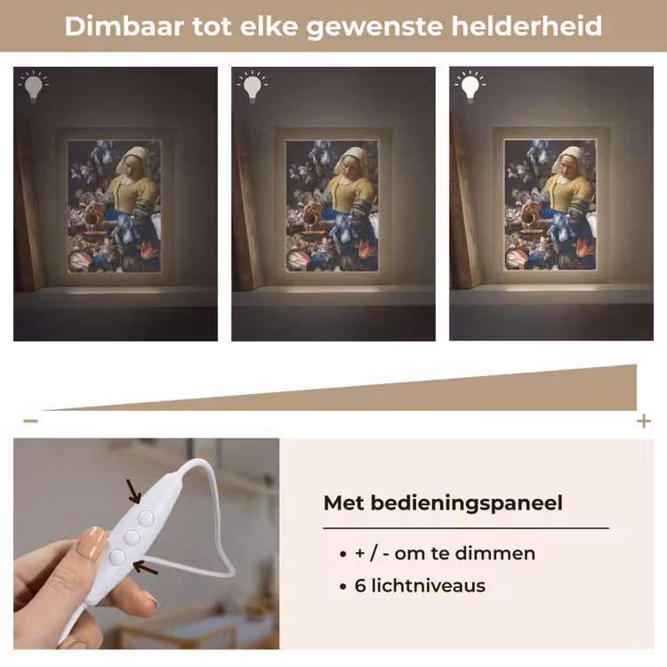 Melkmeisje - Johannes Vermeer - Bloemen Light Box met kabel (Wandlamp) klein -USP_dimbaarNL