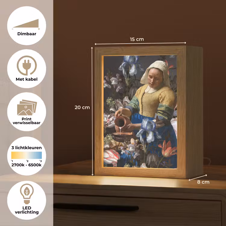 Melkmeisje - Johannes Vermeer - Bloemen Light Box met kabel (Wandlamp) klein -USP_websiteoverzichtNL