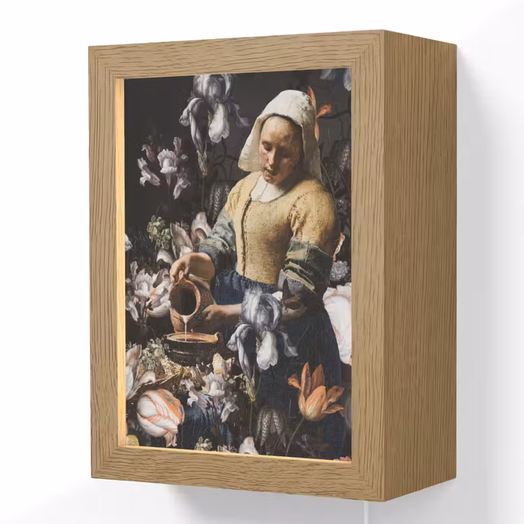 Melkmeisje - Johannes Vermeer - Bloemen - Blauw Light Box met kabel (Wandlamp) klein -3d