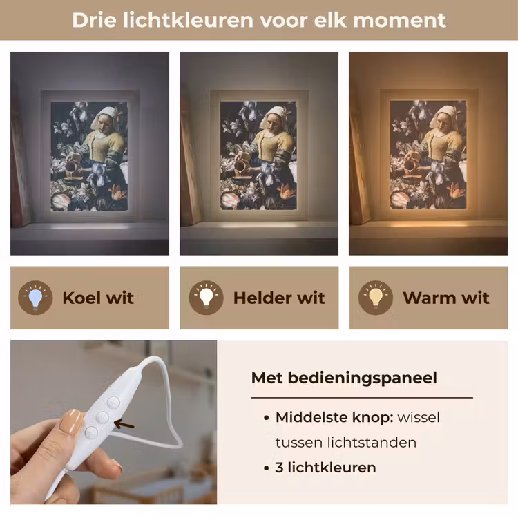 Melkmeisje - Johannes Vermeer - Bloemen - Blauw Light Box met kabel (Wandlamp) klein -USP_lichtkleurNL