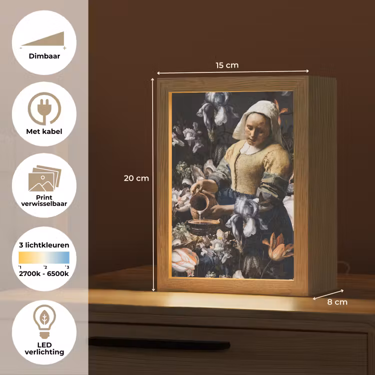 Melkmeisje - Johannes Vermeer - Bloemen - Blauw Light Box met kabel (Wandlamp) klein -USP_websiteoverzichtNL