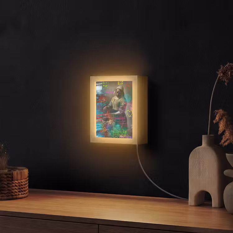 Melkmeisje - Johannes Vermeer - Graffiti Light Box met kabel (Wandlamp) klein -sfeer1