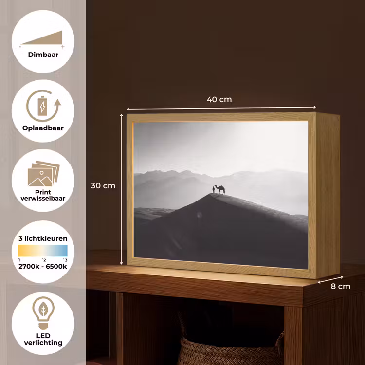 Mens - Kameel - Zandduin - Natuur - Monochroom Light Box met batterij (Wandlamp) middel -USP_websiteoverzichtNL