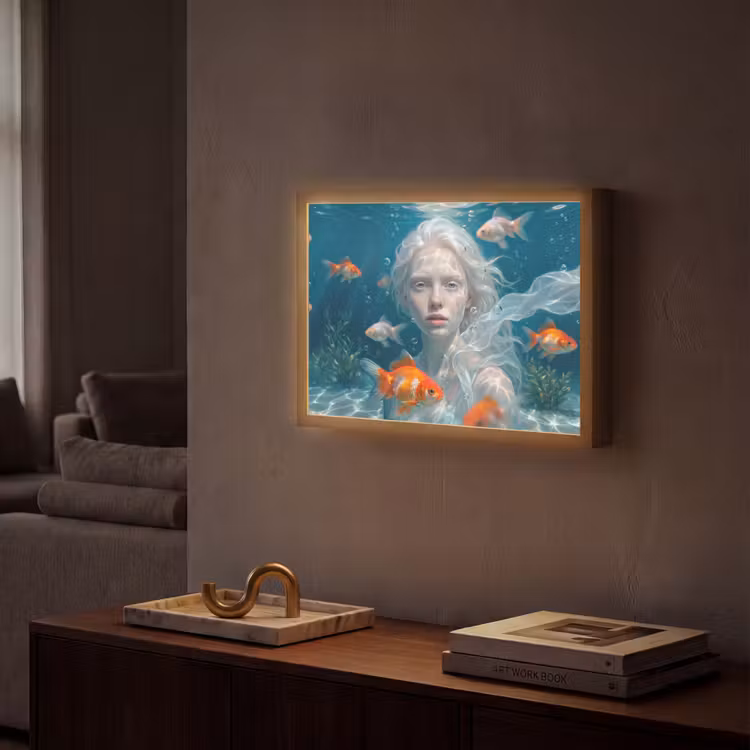 Mens - Onderwater - Vis - Modern - Blauw Light Box met batterij (Wandlamp) middel -sfeer1