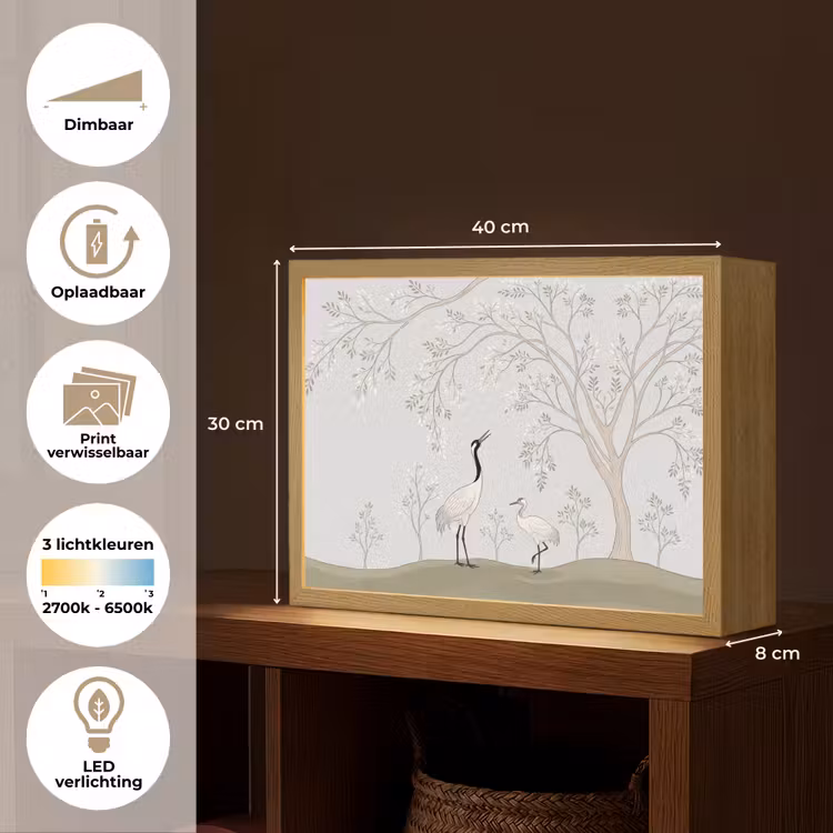 Minimalistisch - Kraanvogels - Blauw Light Box met batterij (Wandlamp) middel -USP_websiteoverzichtNL