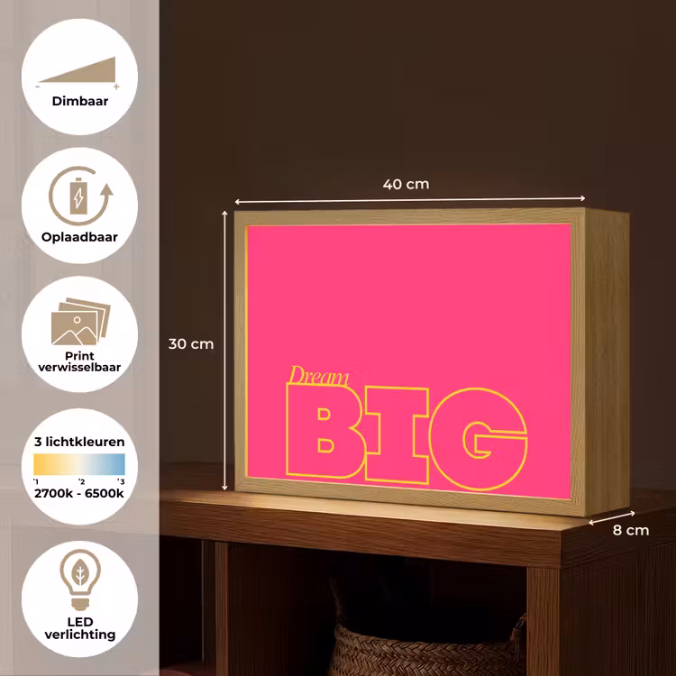 Minimalistisch - Roze - Dream big - Grafisch Light Box met batterij (Wandlamp) middel -USP_websiteoverzichtNL