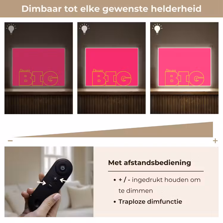 Minimalistisch - Roze - Dream big - Grafisch Light Box met batterij (Wandlamp) middel -USP_dimbaarNL