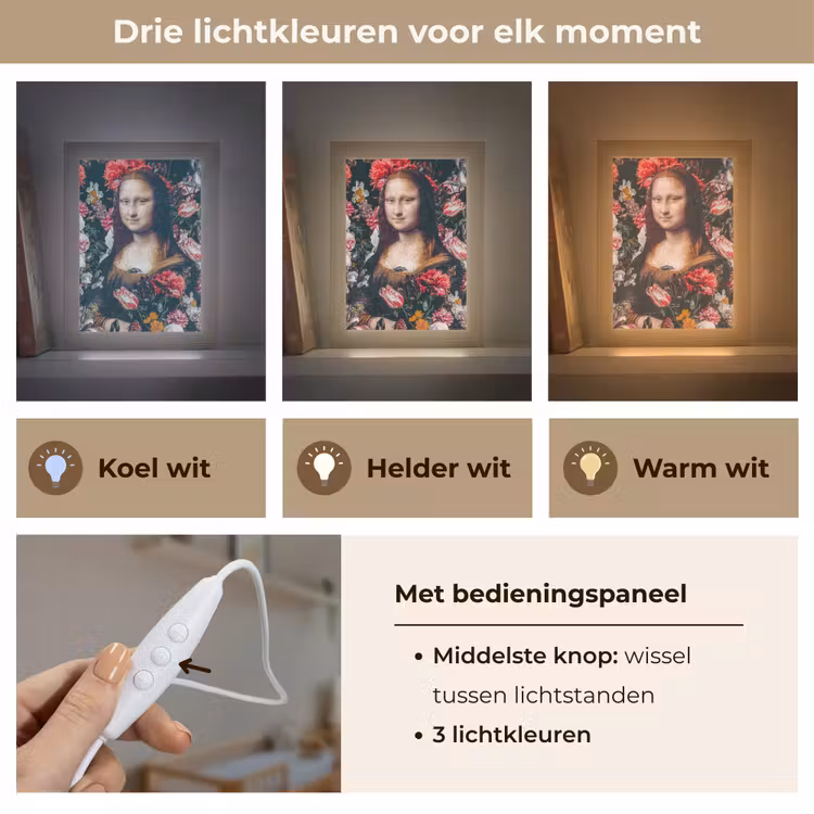 Mona Lisa - Leonardo da Vinci - Bloemen - Roze Light Box met kabel (Wandlamp) klein -USP_lichtkleurNL