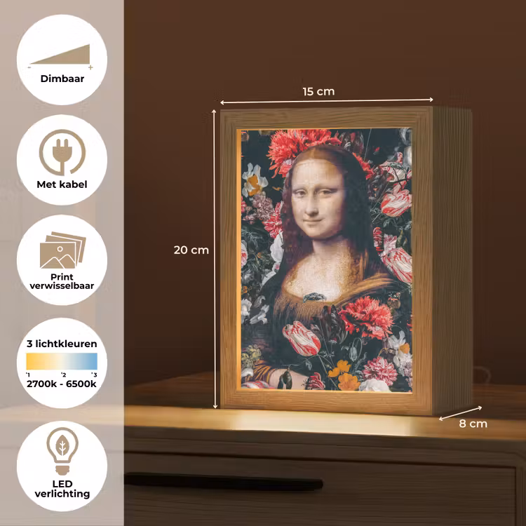 Mona Lisa - Leonardo da Vinci - Bloemen - Roze Light Box met kabel (Wandlamp) klein -USP_websiteoverzichtNL