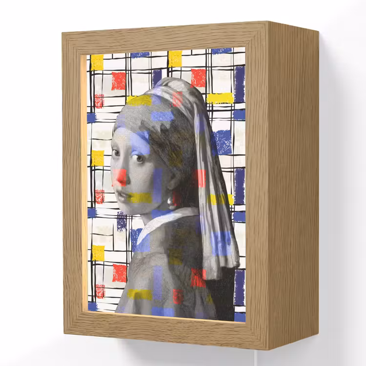 Mondriaan - Meisje met de parel - Collage Light Box met kabel (Wandlamp) klein -3d