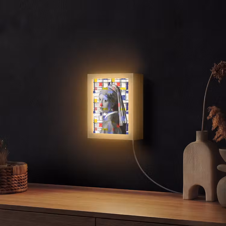 Mondriaan - Meisje met de parel - Collage Light Box met kabel (Wandlamp) klein -sfeer1