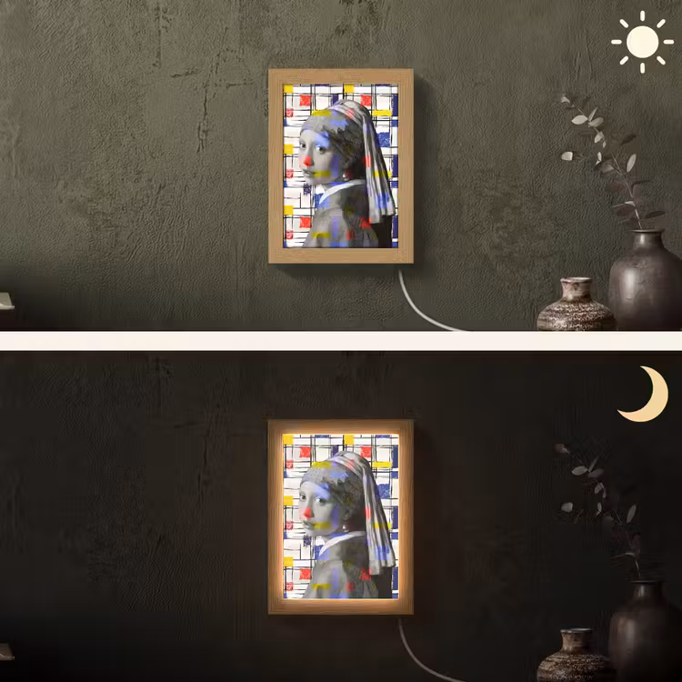 Mondriaan - Meisje met de parel - Collage Light Box met kabel (Wandlamp) klein -sfeer3