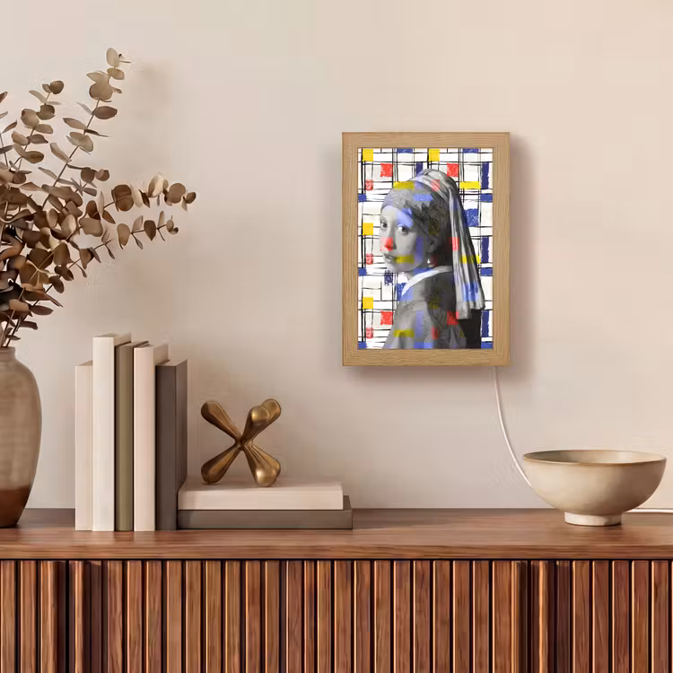 Mondriaan - Meisje met de parel - Collage Light Box met kabel (Wandlamp) klein -sfeer2