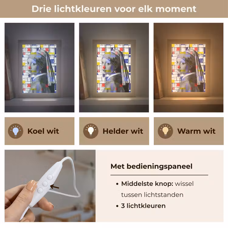 Mondriaan - Meisje met de parel - Collage Light Box met kabel (Wandlamp) klein -USP_lichtkleurNL