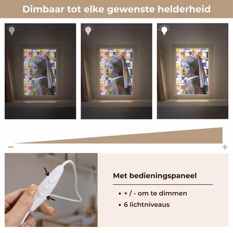 Mondriaan - Meisje met de parel - Collage Light Box met kabel (Wandlamp) klein -USP_dimbaarNL