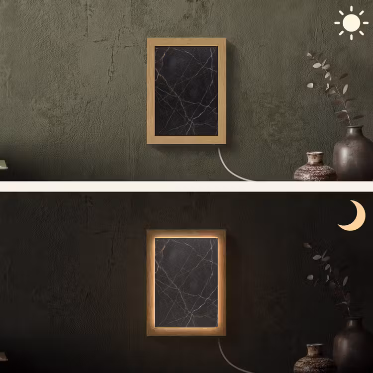 Natuursteen - Marmerpatroon - Abstract - Modern - Zwart - Goud Light Box met kabel (Wandlamp) klein -sfeer3