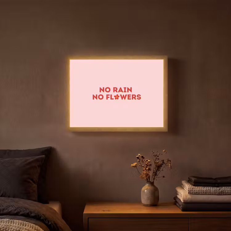 No rain no flowers - Minimalistisch - Roze - Bloem Light Box met batterij (Wandlamp) middel -sfeer4