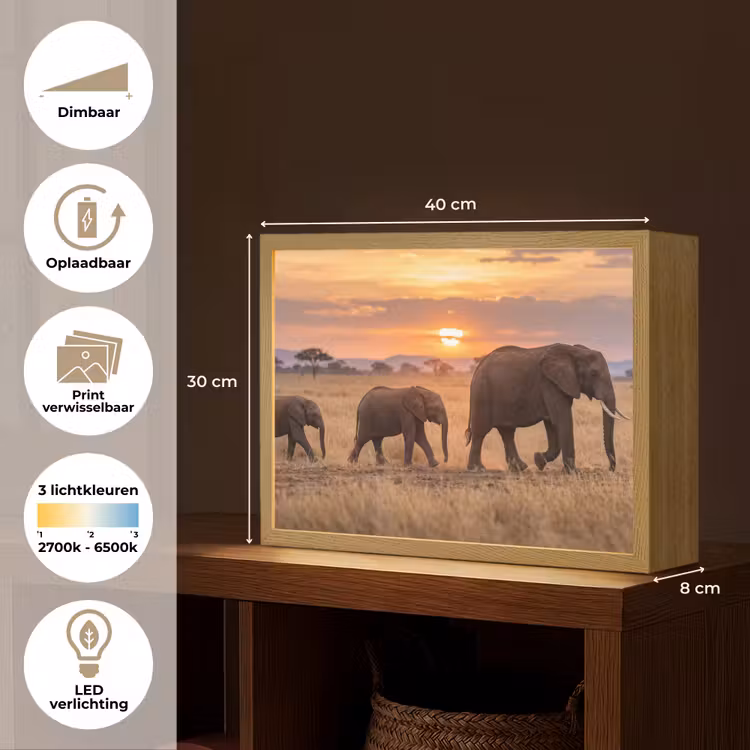 Olifanten - Savanne - Zonsondergang - Afrika - Warm Light Box met batterij (Wandlamp) middel -USP_websiteoverzichtNL