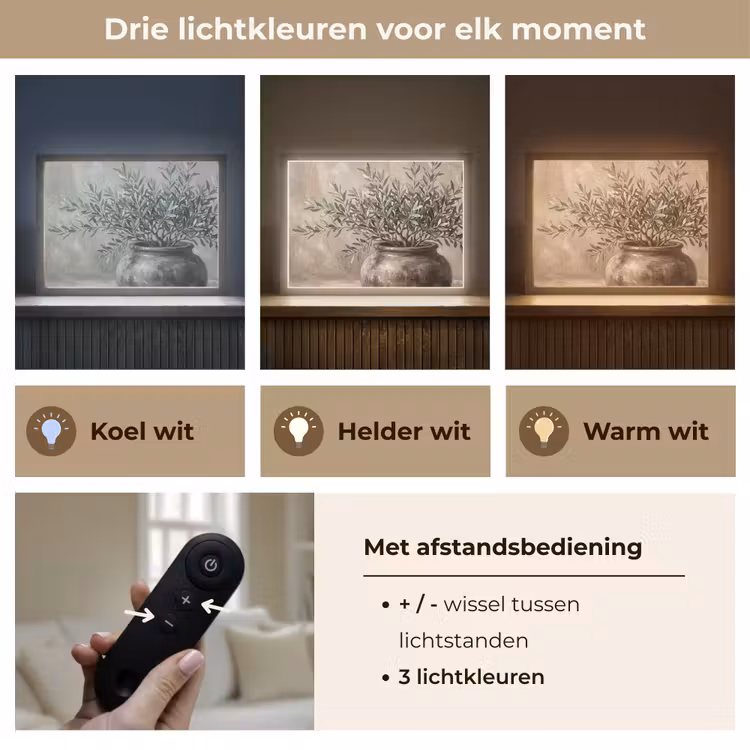 Olijfplant - Aardenpot - Abstract - Beige Light Box met batterij (Wandlamp) middel -USP_lichtkleurNL
