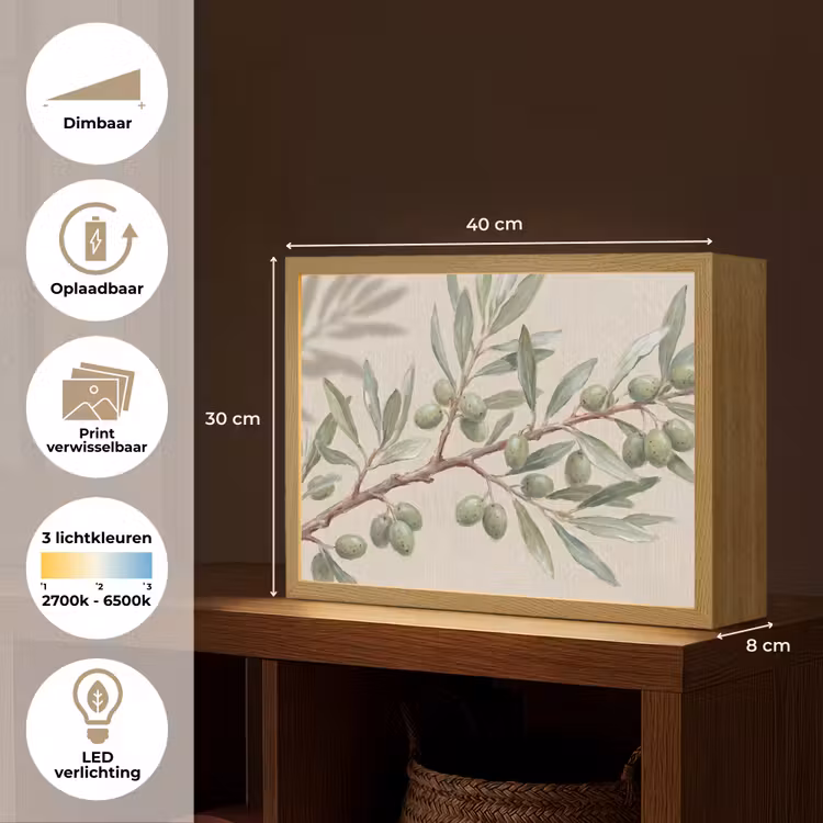 Olijftak - Bladeren - Natuur - Groen - Beige Light Box met batterij (Wandlamp) middel -USP_websiteoverzichtNL