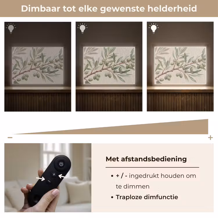 Olijftak - Bladeren - Natuur - Groen - Beige Light Box met batterij (Wandlamp) middel -USP_dimbaarNL