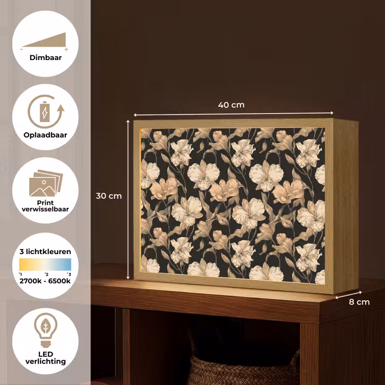 Orchideeën - Lijntekening - Patroon - Beige - Zwart Light Box met batterij (Wandlamp) middel 907 -USP_websiteoverzichtNL